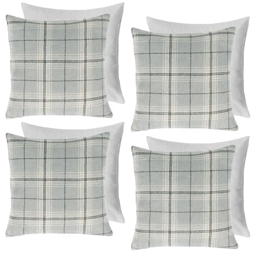 Image of OHS Woven Check Cushion with Covers, Decorative Comfy Soft Cushion Covers with Filled Pads Sofa Chair Cushions Throw Pillows, Charcoal Grey Set of 4