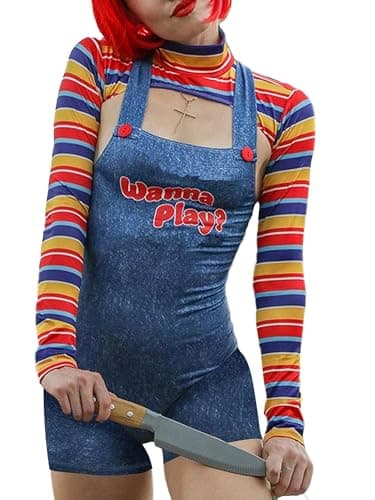 Image of Springcmy Women 2 Pcs Halloween Cosplay Costumes Scary Nightmare Killer Doll Wanna Play Movie Character Dress Chucky Doll Costume Set (A-Blue, M)