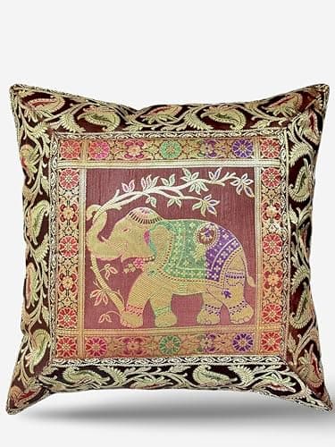 Image of Original Kikan Indian Elephant Mandala Silk Cushion Covers Sari Brocade Boho Home Decor Cushion- Pillow Cases 16”x16” Zip Closure Banarsi | Ethnic - Handmade - Patchwork (Brown)