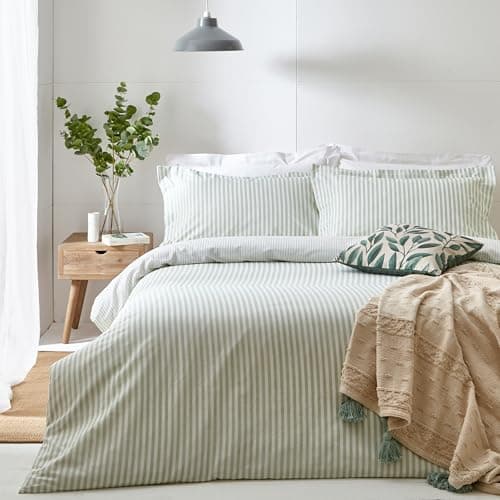 Image of furn. Yard Hebden 100% Cotton Stripe Duvet Cover Set – Reversible Striped Bedding (Eucalyptus, Single)