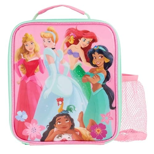 Image of Disney Princess Insulated Lunch Bag Featuring Aurora, Cinderella, Ariel, Jasmine, Moana with Wipe Clean Antibacterial Lining & Mesh Bottle Pocket, Pink, for School & Travel