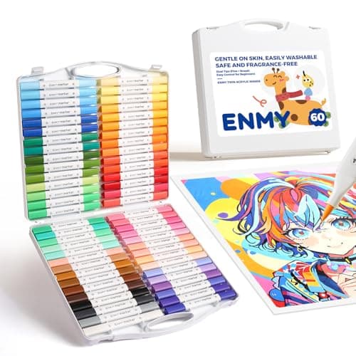 Image of ENMY 60 Colors Acrylic Markers Dual Tip Fine & Brush – Multicolour Permanent Paint Marker Set for Artists – Rock, Wood, Canvas, Glass, Anime DIY Crafts with Case