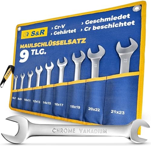 Image of S&R 9-Piece Open-End Spanner Set - Master Series, Industrial-Grade, Double Open-Ended Wrenches 6-23 mm - Cr-V Steel, Hardened, Double Chrome-Plated - Tetron Roll Bag Included