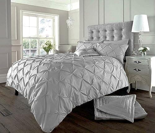 Image of Velvet Stitch Alexander PinTuck Quilt Duvet Cover with Matching Pillow Case Reversible Comfortable Bedding Set (Silver, Double)