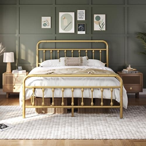 Image of Yaheetech 5ft King Bed Frame Vintage Iron Platform Bed with High Headboard and Footboard, Strong Metal-Framed Bed with Storage Antique Gold