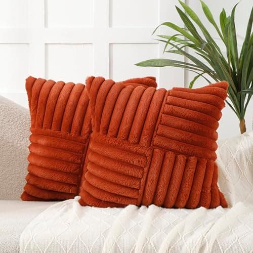 Image of All Smiles Cushion Covers 45x45 cm Set of 2 Decorative Pillow Covers Faux Fur Soft Plush Striped Neutral Pillow case 18X18 Inch for Sofa, Bed, Living Room Home Decor,Rust