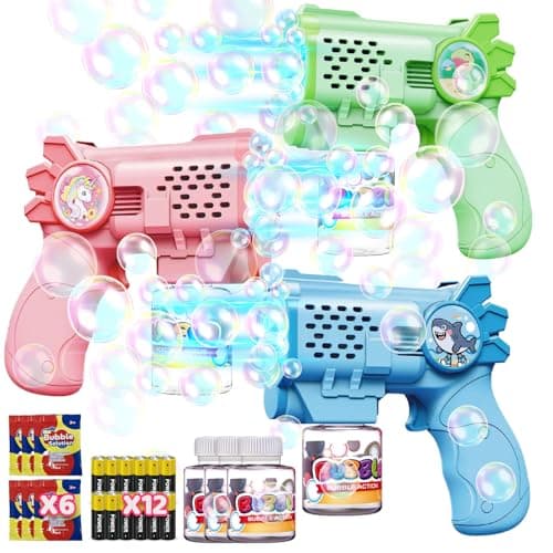 Image of Tecnock 3 Pack Bubble Guns for Kids, Automatic Bubble Blasters with 12 Batteries Included, 3 Bubble Solution Bottles & 5 Refills, Lightweight, Leak-Resistant, Birthday Gift, Party Favours