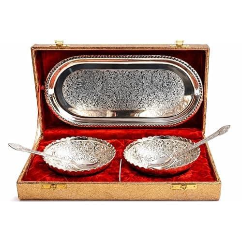 Image of Piepot | German Silver Bowl Set | Pack of 5pc | 2 Bowl, 2 Spoon & Tray Set | Gift Item for Marriage | Beautiful Gold Box