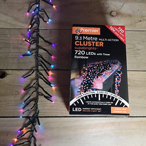 Image of Premier Indoor Outdoor Christmas 720 LED 9.3m Multi-Action Cluster Supabrights With Timer Rainbow