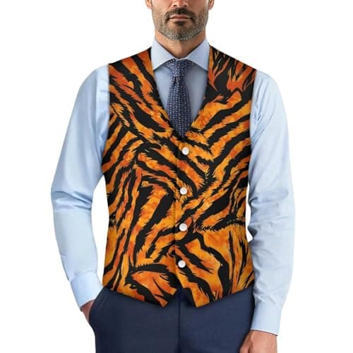 Image of Drnuikhe Western Vest Men 3D Print Black and Orange Textured Tiger Textured Pattern V Neck Sleeveless Vest For Men Orange