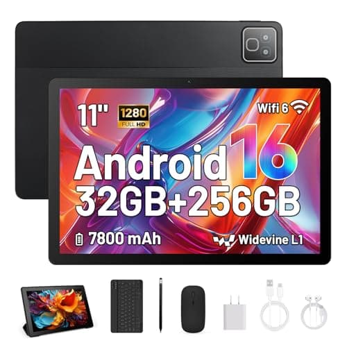 Image of MUISOO Tablet 11 inch Tablets Android 16, 32GB RAM 256GB ROM (1TB TF Expand), 5MP+8MP Camera, 5G WiFi 6, Bluetooth5.0, 7800mAh, Android Tablet with Keyboard, Stylus, Mouse, Earphone, Case Black