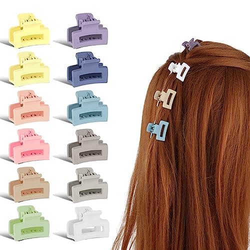Image of WLLHYF 12 PCS 1" Mini Square Matte Colours Hair Claw Clips Durable Nonslip Colourful Hairclip Accessories for Thin Hair Curly Women Girls(Matte Multicolor)