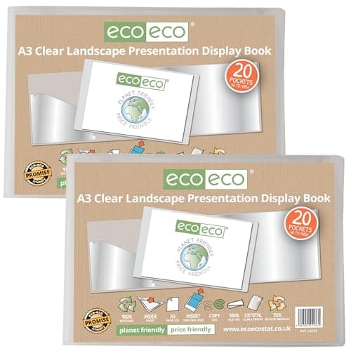 Image of eco-eco A3 50% Recycled 20 Pocket Clear Landscape Presentation Display Book, Storage Case Portfolio Art Folder with Plastic Sleeves, Pack of 2, eco176x2