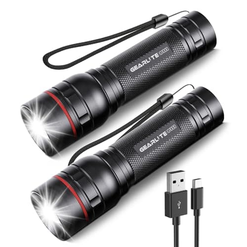 Image of GEARLITE LED Torch Rechargeable, 2 Pack 2000LM Super Bright Adjustable Focus Flashlight, 3 Lighting Modes, Long Battery Life, Waterproof Pocket Size Torch for Power Cuts, Emergency