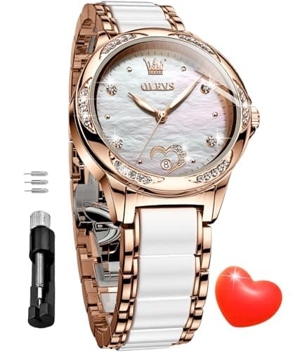 Image of OLEVS Automatic Watch for Women Self Winding Mechanical Ladies Diamond Wrist Watch Luxury Dress Rose Gold Ceramic Watches for Women Love Heart Date