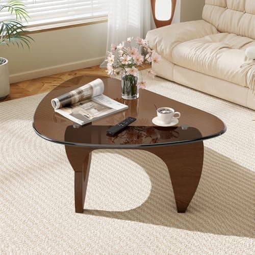 Image of Fijinhom Triangle Glass Coffee Table, Industrial coffee table for Living Room, Modern side table for Office & Reception, Clear Tempered Glass Top & Walnut Wood Style MDF Legs, 90cm