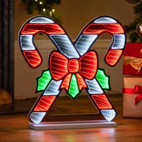 Image of CHRISTOW Candy Cane Infinity Christmas Light, 3D Effect LED Mirror Tunnel Decoration, Indoor Windowsill Mantelpiece Table Display, Mains Powered Home Lighting, Red & White Glow, 40cm x 40cm x 2cm