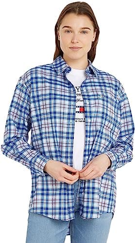 Image of Tommy Jeans Women's Check Overshirt Long Sleeve, Multicolor (Blue Check), M