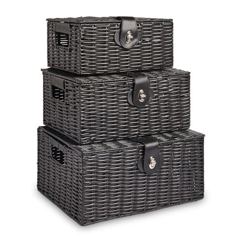 Image of Vencier Set of 3 Resin Woven Storage Basket Box with Lid & Lock, Black, Large, Medium, Small (Black)