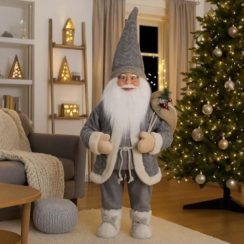 Image of Marco Paul 85 m Grey Standing Santa Claus Decoration - Extra-Large Plush Father Christmas Display Figure with Faux Fur Trim - Luxury Indoor Xmas Ornaments for Entrances & Festive Room Displays