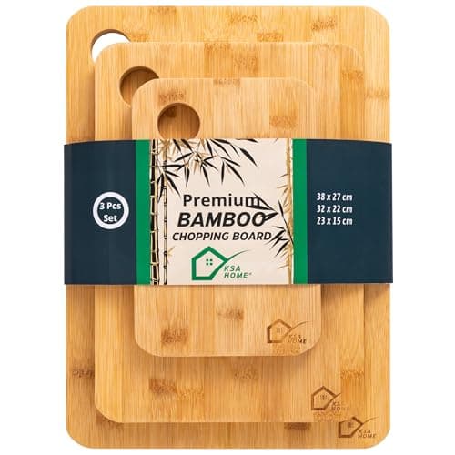 Image of KSA HOME Chopping Board Premium Large Bamboo Chopping Boards Set of 3 Reversible Essential in Your Kitchen for Cutting, preparing, Serving Meat, Poultry, Fruit, Vegetables, Bread, Cheese. Extra Thick