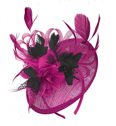 Image of Caprilite Fuchsia Hot Pink and Black Sinamay Disc Saucer Fascinator Hat for Women Weddings Headband