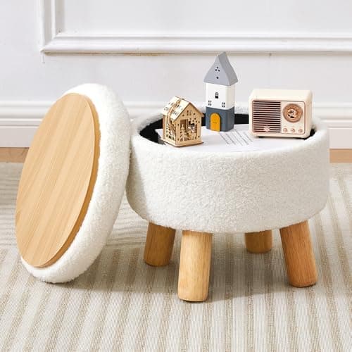 Image of BRIAN & DANY Footstool with Storage, Small Storage Ottoman, Teddy Fleece Round Stool with Lid, Sherpa Foot Stool with Legs for Living Room Entryway, White