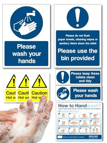 Image of Wash your hands Sign, Hot water signs, keep toilets clean sign,how to wash hands, Comprehensive sticker set, Self Adhesive Vinyl 16 Pcs for 2 washrooms, Health & Safety Compliant, Waterproof, UK made