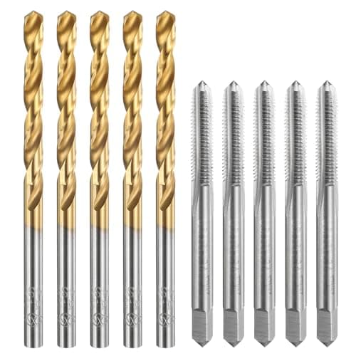 Image of sourcing map Tap and Drill Bit Set, 5pcs M5 x 0.8 Metric Straight Flute Thread Screw Taps & 5pcs 4.2mm Twist Drill Bits, Uncoated/Titanium Coated HSS-6542 Tapping Threading Tool Kit