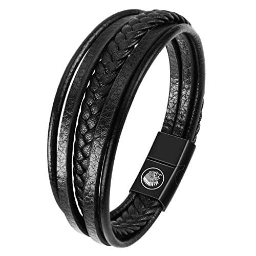 Image of Casisto.J Mens Leather Bracelet – Classic Handmade Braided Black & Brown Cuff Bracelet with Engraved Magnetic Clasp Free Jewelry Gift Boxed