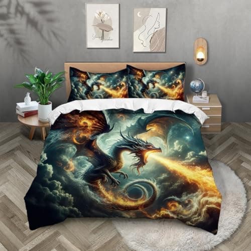 Image of TKCQX Single Bedding Fire Dragon Dinosaur Single Duvet Cover Set for Kids Boys Girls Aldult Duvet Cover Sets Made of Microfiber with Pillowcase 50x75 cm