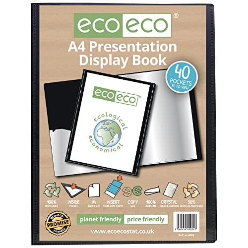 Image of eco-eco A4 Size 50% Recycled 40 Pocket Black Presentation Display Book, Storage Case Portfolio Art Folder with Plastic Sleeves, eco004