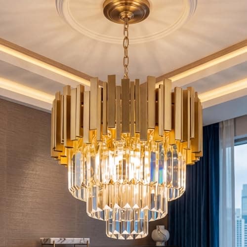 Image of MSSIAN Gold Crystal Chandeliers 40cm Modern Ceiling Pendant Light | Dimmable Small Flush Mount Chandelier Round with E14 Base (Bulbs Not Included) for Dining Room, Foyer, Kitchen Island & Entryway