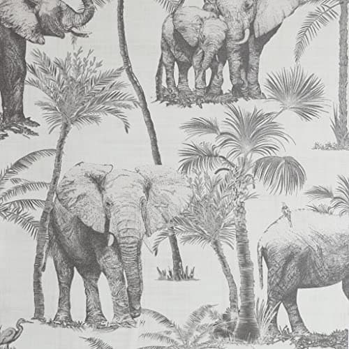 Image of Arthouse Safari Elephant Charcoal Wallpaper - Playful, Quirky Design - Artistic Elephant Effect on a Contrasting Background - On-Trend Palm Print - Vinyl for Durability - 53 cm x 10.05 m Roll - 296700