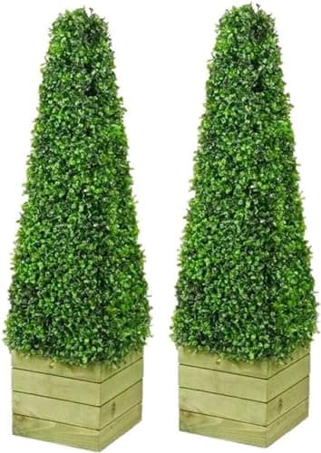 Image of FLORALCRAFT® 85cm (2.8ft) Pyramid Cone Artificial Topiary Tree - Pack of 2, Boxwood Topiary Trees with Wooden Planters, Great for Indoor and Outdoor Decor