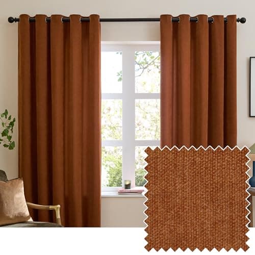 Image of furn. Soft Chenille Blackout Eyelet Curtain Pair – Soft Touch Matt Textured Lined Minimalist Curtains (Rust - 229x183cm)