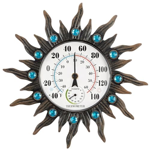 Image of Indoor Outdoor Thermometer Hygrometer, Waterproof 13" Large Sun Wall Outdoor Thermometers Decorative for Patio Yard Garden Greenhouse Room, Easy-Read, No Batteries Required