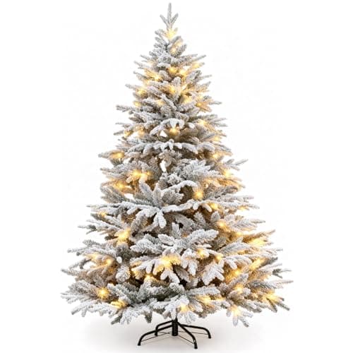 Image of 5ft Pre-Lit Snow Flocked Christmas Tree with LED Lights 550 Branch PE+PVC Mixed Tips Xmas Trees Bushy Artificial Lapland Fir Christmas Tree Fake Pine Tree with Metal Stand Easy to Assemble 150cm