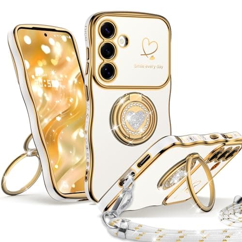Image of Unlicaku for Samsung Galaxy S26 Case, Luxury Wave Heart Sparkle Diamond Dual Ring Holder Stand Cover with Detachable Lanyard Strap, Electroplated Cute Slim TPU Case for Women Girls - White