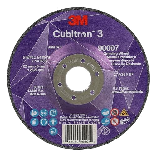 Image of 3M Cubitron 3 Depressed Center Grinding Wheel, 90007, 36+, T27, 5 in x 1/4 in x 7/8 in, Pack of 10, ANSI, Precision Shaped Grain, Beveling, Weld Grinding, Heavy Deburring, Slag Removal