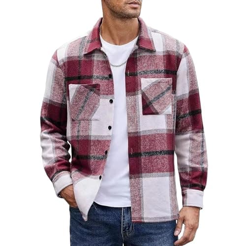 Image of MakingDa Mens Flannel Shirt Long Sleeve Warm Thick Checked Shirt Button Down Casual Winter Plaid Shirts with Pockets Regular Fit Lapel Collar Check Shirt Jacket Smart Casual Work Shacket Red 3XL