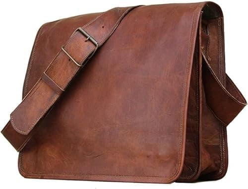 Image of Leather Messenger Bag Vintage Cross Body Bag Gift Men Women Business Work Carry Laptop Computer Books Handmade Rugged & Distressed ~ Everyday Office College School 15 Inch