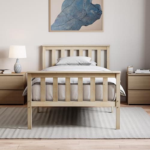 Image of Vida Designs Milan Single Bed, 3ft, Bed Frame, Solid Pine Wood, Headboard, High Foot End Bedroom Furniture, Pine