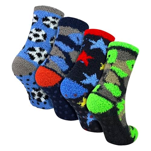 Image of Sock Snob - 4 Pairs Boys Fluffy Winter Slipper Socks | Soft Non Slip Novelty Socks with Grips (4-6 Years, Novelty)
