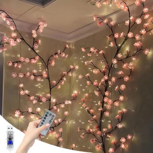 Image of RuiDay Cherry Blossom Lights, 1.2m 48 LED Blossom Tree Branch Light with Remote Control and 8 Lighting Modes, Flexible Flower String Fairy Lights for Wall Bedroom Home Christmas Decor