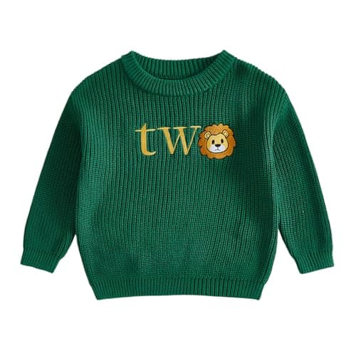 Image of Toddler Baby Boy 1st 2nd Birthday Jumper Oversized Chunky Knitted Sweater Pullover Cute Winter Clothes First Birthday Cake Smash Outfit (Two Lion Dark Green, 2-3 Years)