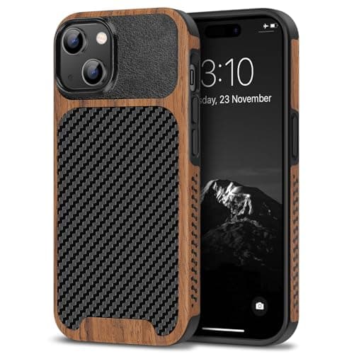 Image of TENDLIN Compatible with iPhone 15 Case Wood Grain with Carbon Fiber Texture Design Leather Hybrid Slim Case (Black)