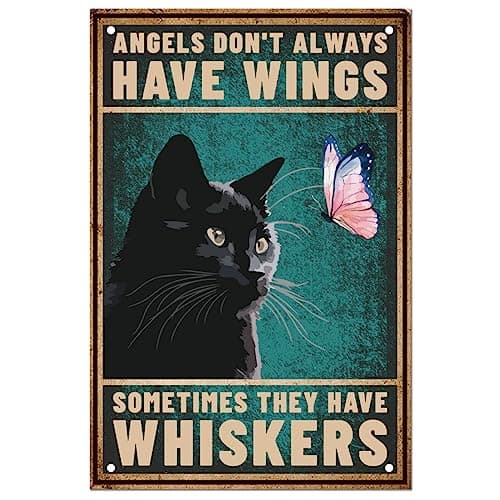 Image of SUPERDANT Black Cat Metal Signs Angel's Don't Always Have Wings Tin Sign Cat Butterfly Metal Wall Plaques Funny Signs Vintage Decor Retro Wall Art for Bedroom living Room Decor