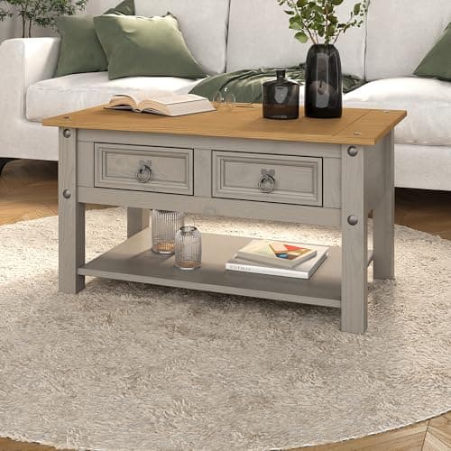Image of Corona Grey 2 Drawer Coffee Table Occasional Mexican Solid Pine Two Tone