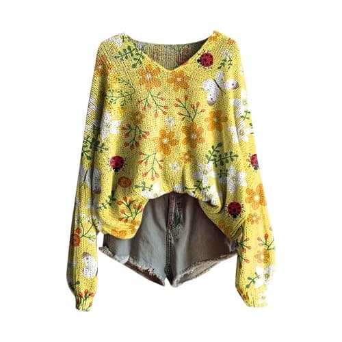 Image of Knitted Jumpers for Women Retro Pattern V Neck Knit Sweater Pullover 2025 Autumn Long Sleeve Casual Knitwear Tops Stylish Boho Style Floral Print Light Sweaters Ladies Oversize Soft Jumper Yellow